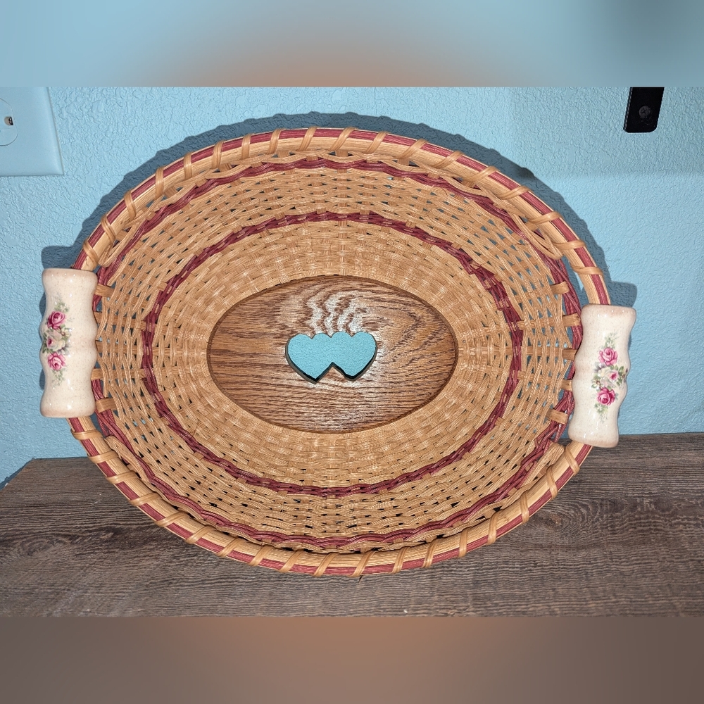 Handcrafted Oval Woven Basket‎ with Ceramic Floral Accent Handles